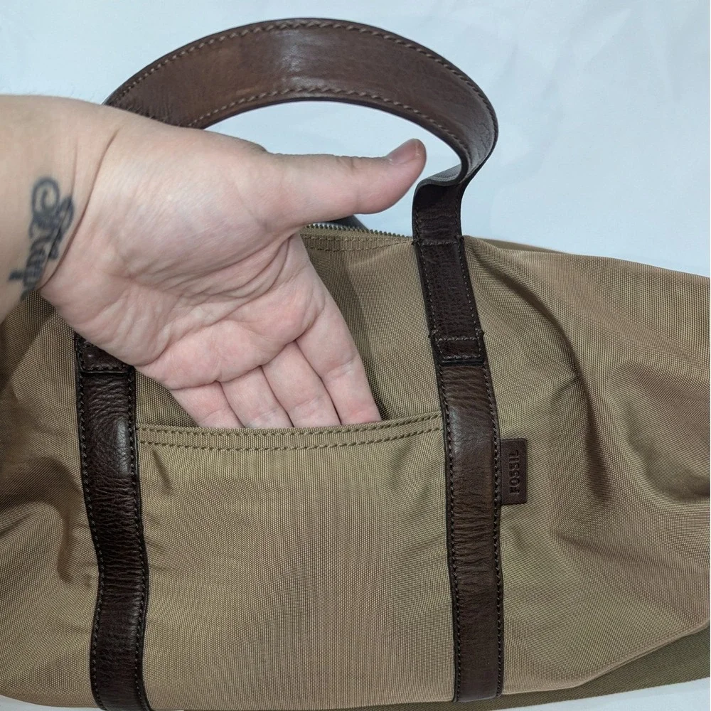 Fossil Duffle Bag Tan Canvas Brown Leather Trim Weekender Travel Luggage Large